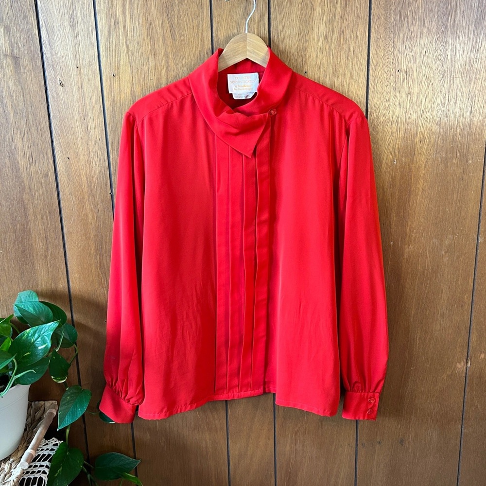 Vintage Country Sophisticates by Pendleton Red Pleated‎ High Neck Blouse Career